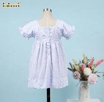 Honeycomb Smocked Dress White Floral On Blue For Girl - DR3702