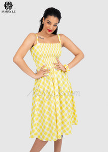 YELLOW SPAGHETTI STRAP SQUARE NECK FORMAL FIT AND FLARE MIDI DRESS - MD19