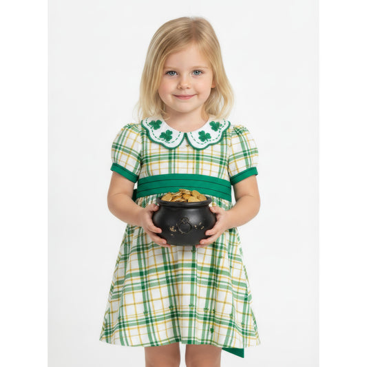 DR4646 - Girls St. Patrick's Day Plaid Dress with Matching Bubble Romper