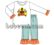 Pretty pumpkin and turkey applique outfit for girl - DR 2518