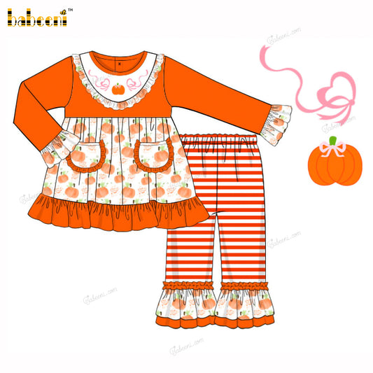 Girl Outfit Hand Embroidered Pumpkin Pink Bow - DR4009