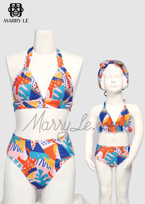 COLORFUL MOSAIC LEAVES MOTHER AND DAUGHTER MATCHING 2 PIECE SWIMSUIT - MD492