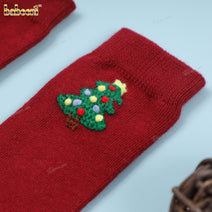 Kid Sock In Dark Red Santa Christmas Embroidered - HS36