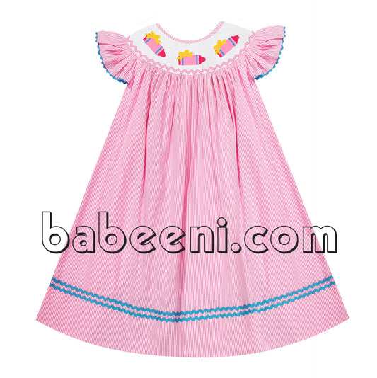 Pink crayon smocked bishop dress - DR 2505