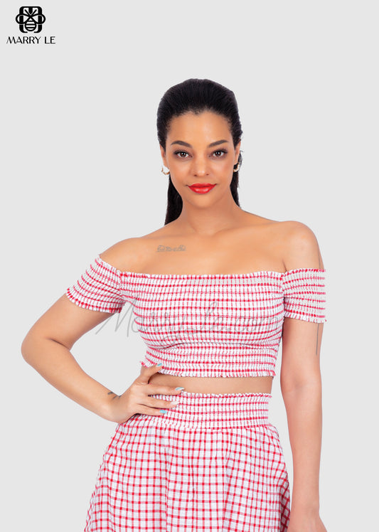 OFF SHOULDER RED SEERSUCKER CROPTOP FOR WOMEN - MD101