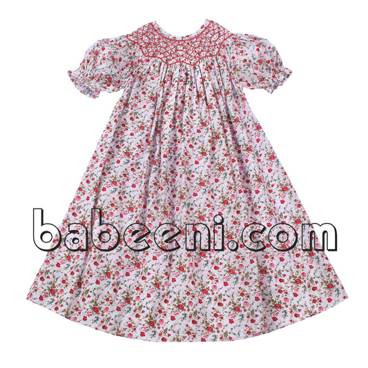 Pretty red floral smocked dress - DR 2537