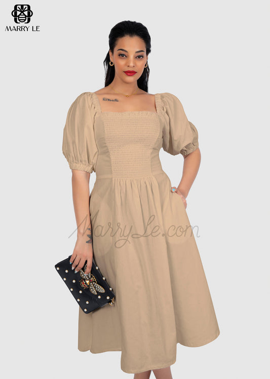 CREAM TRAPEZOID COLLAR SHIRRING DRESS - MD347