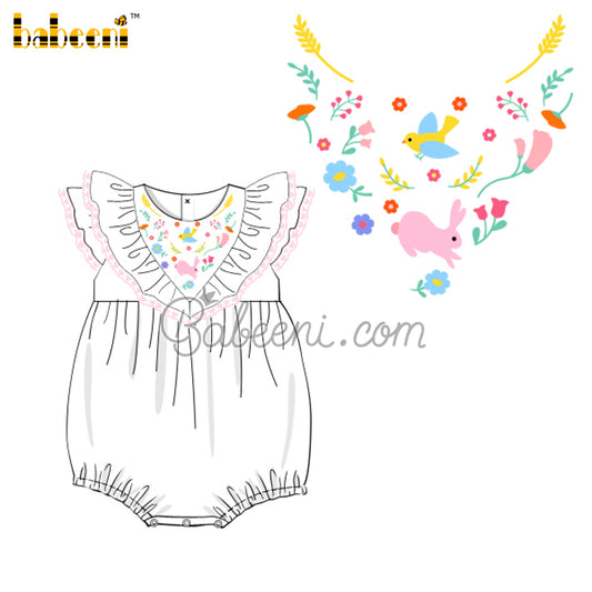 Flower, bird & rabbit embroidery baby ruffle bubble – DR 3516