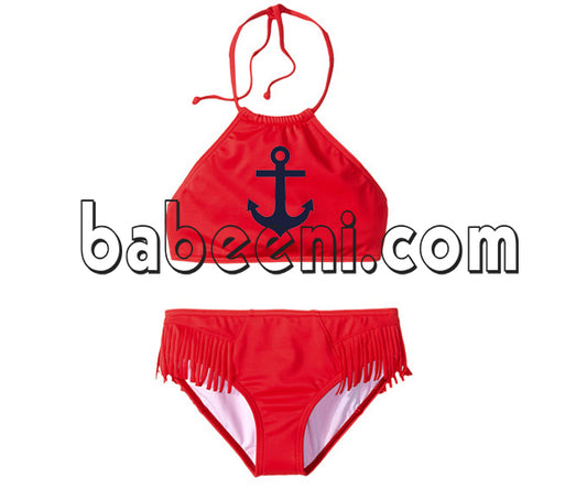 Red anchor appliqued two piece girl swimsuit - SW 370