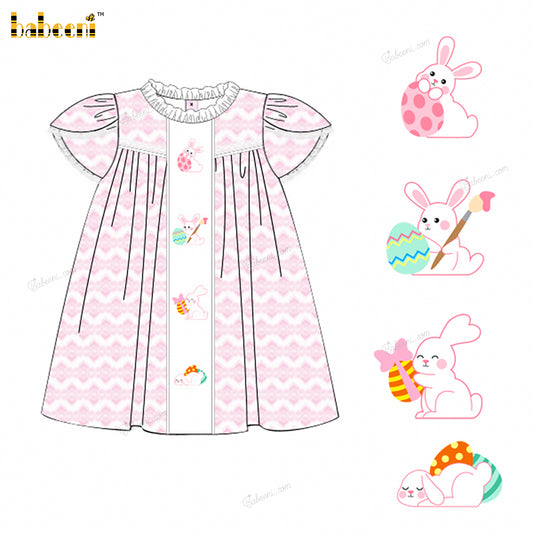 Girl Hand Embroidered Bunny Dress In Pink - DR3833