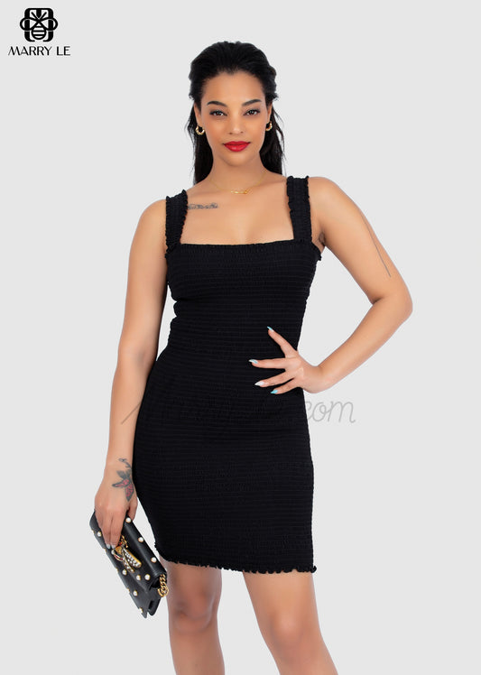 SOLID BLACK SHIRRED BODYCON DRESS - MD255