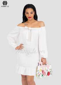 OFF-SHOULDER BUSINESS IVORY SATIN DRESS - MD328