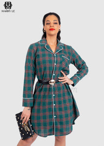 GREEN FLANNEL WOMEN PIPED SLEEP SHIRT - MD31