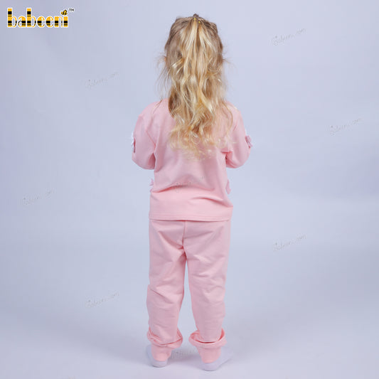 Adorable girl set with white bows on the body pink 2 yarn fabric - DR4085