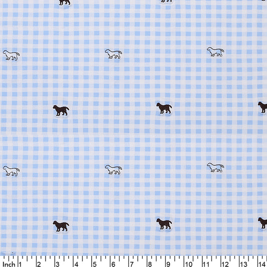 Y7 - dog on blue gingham knit fabric