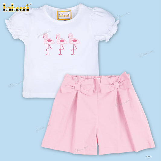 Applique Outfit Pink Flamingo With Pink Khaki Short For Girl - DR3679