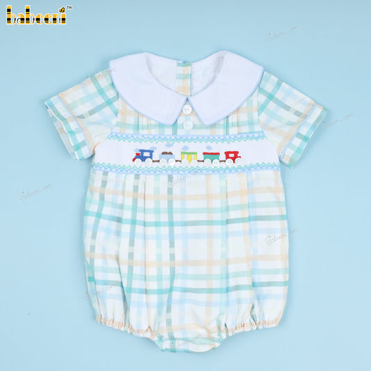 Boy Hand Smocked Trains Buttons As Wheels - BC1178