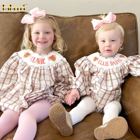 Smocked Bubble With Light Browne On White And Turkey For Girl