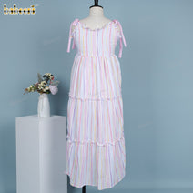 Lady dress pink ribbon hand embroidery with colorful vertical line - DR4165