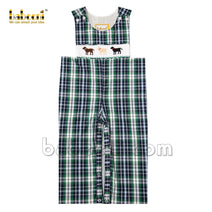 Cute puppies smocked green plaid longall - BC 881