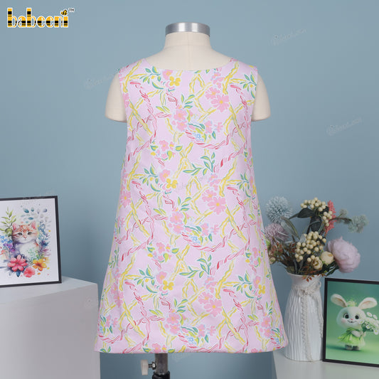 Girl dress woven 4.0 print with ping flower hand embroidery - DR4159