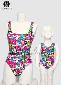 MATCHING MOTHER AND DAUGHTER ONE PIECE SWIMWEAR GIRL RULE PRINT - MD498