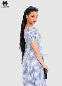 LOVELY NAVY CHECK SQUARE NECK SHIRRED MAXI DRESS - MD25