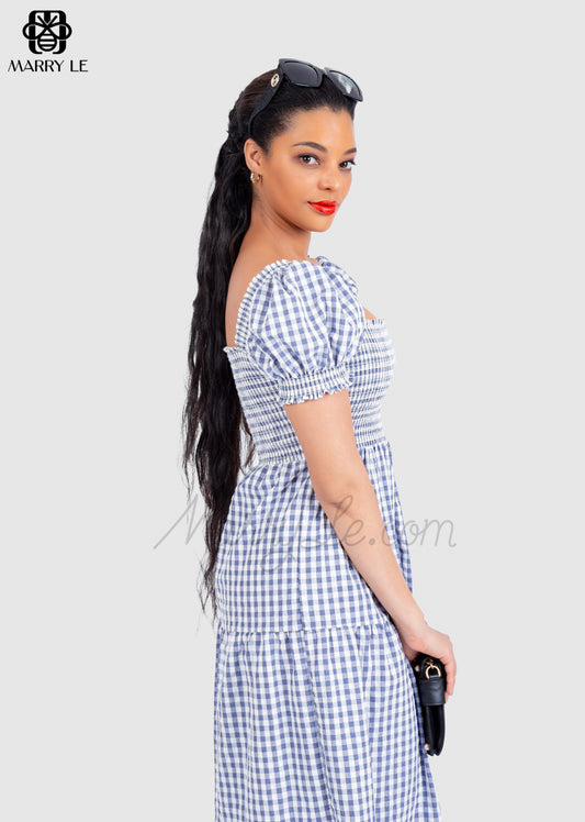 LOVELY NAVY CHECK SQUARE NECK SHIRRED MAXI DRESS - MD25