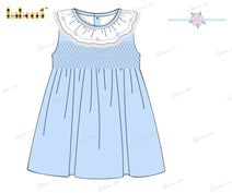 Honeycomb Smocking Dress In Blue Embroidery Pink Flowers For Girl - DR3560