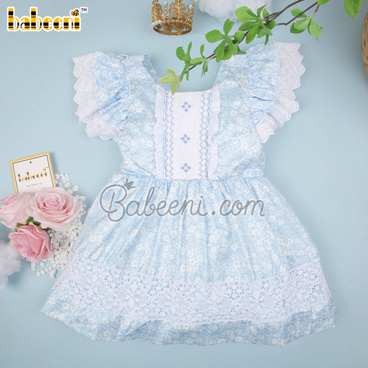 Stunning little girls blue floral satin smocked dress - DR 3245A