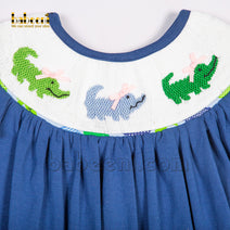 Smocked crocodile girl set navy top printed bloomer bows - DR 3121