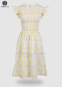 CASUAL YELLOW FLORAL FLUTTER SLEEVE SHIRRED MIDI DRESS - MD12