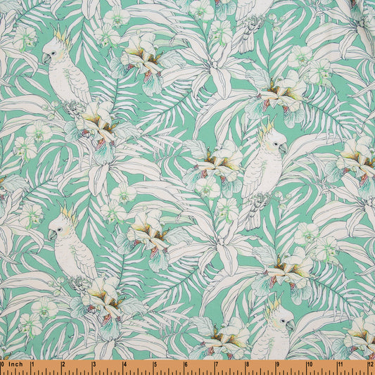 V5- White leaves on green viscose fabric printed 4.0