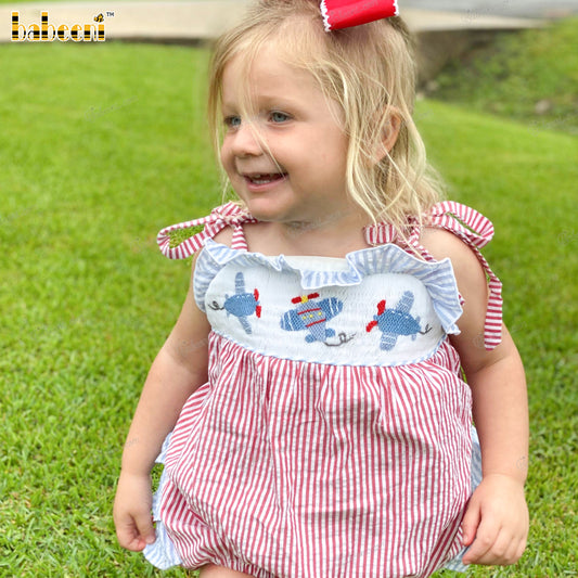 Smocked Bubble In Red With White Stripes And Planes For Girl