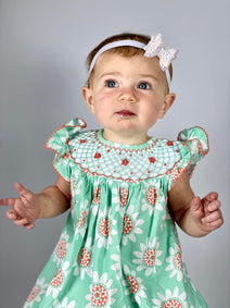 Geometric Smocked Dress In Green And Red Embroidery Flower For Girl