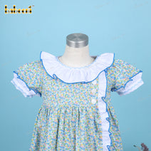 Plain Dress In Blue Floral And Fish Bone Embroidery Sleeve For Girl - DR3622