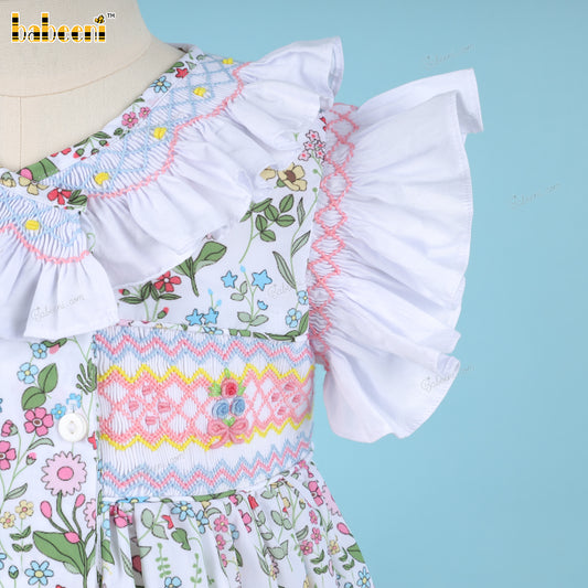 Girl Floral Geometric Smocked Dress Pink Line - DR3782