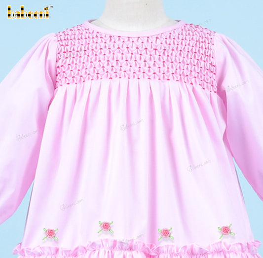 Honeycomb Smocked Dress In Pink With Hand Embroidery Flower For Girl - DR3692