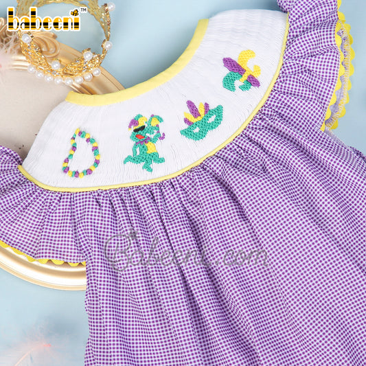 Mardi gras hand smocked girl bubble  – DR 3449