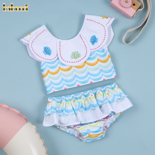 2-pieces Swimwear For Girl Spring-Summer prints with clam, coral, starfish hand embroidery - DR4187