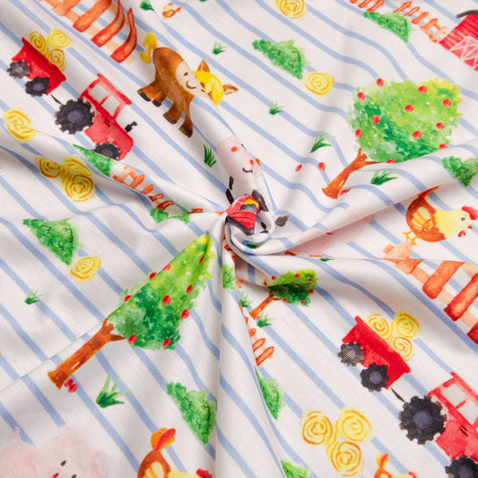 K226 - farm animals on blue stripe knit printed 4.0 fabric