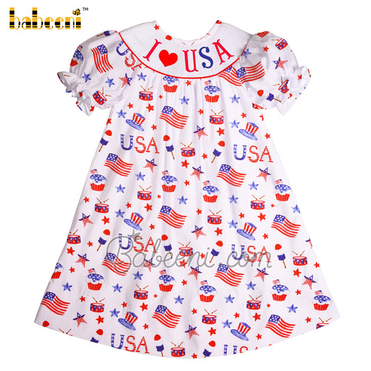 Elegant girl Smocked "I love USA" bishop dress - DR 3051