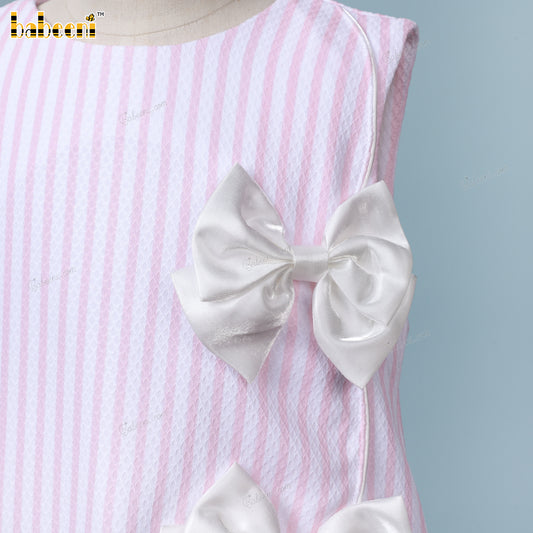 Baby pink mini stripe knit girl dress with white bows on the body - DR4083