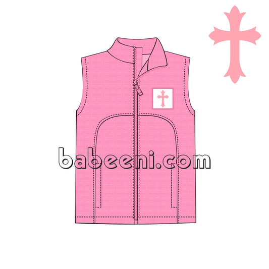 Lovely pink sleeveless jacket with hand-smocked cross - PO 18