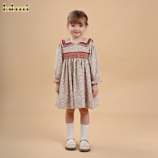 DR4485 – Girls’ Floral Velvet Smocked Dress with Velvet Trim