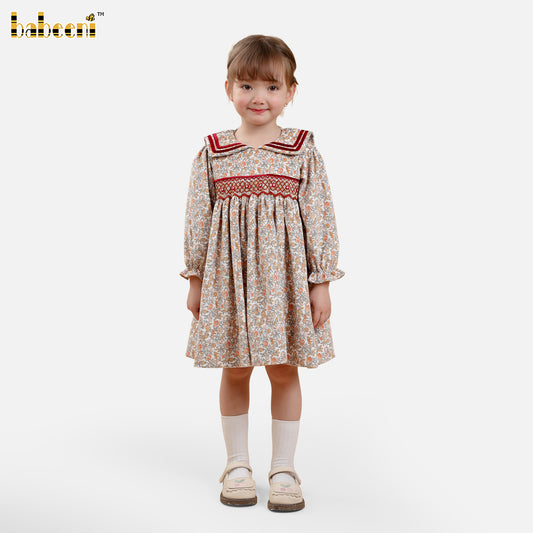 DR4485 – Girls’ Floral Velvet Smocked Dress with Velvet Trim