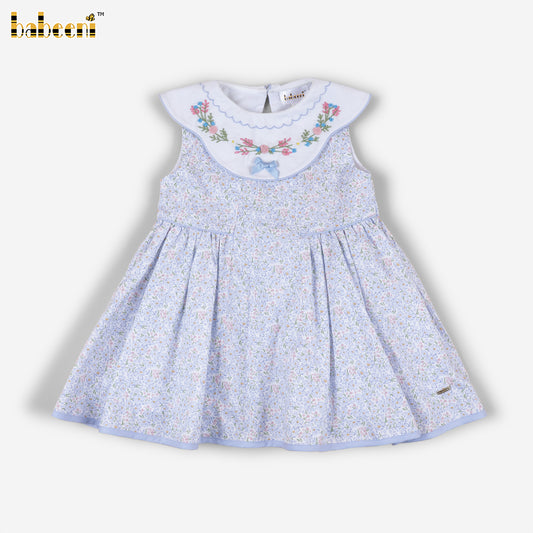DR4519 – Girls’ Blue Floral Embroidered Collar Dress
