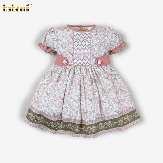 DR4522 – Floral Smocked Puff Sleeve Dress with Pink Piqué Accent