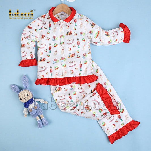 Lovely silk satin pajama for little girls with toys printed on fabric - PJ 50