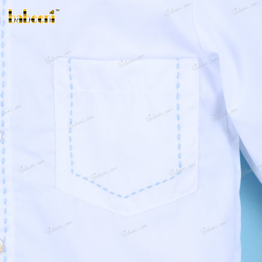 Shirt In Plain White Blue Stiching For Boy - BC1107